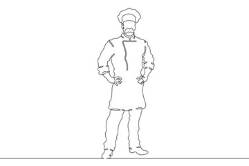 Continuous one line drawing  Male chef in a hat. Chef in the kitchen. The cook is cooking.One continuous line isolated minimal illustration.Not AI.