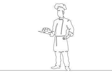 Continuous one line drawing  Male chef in a hat. Chef in the kitchen. The cook is cooking.One continuous line isolated minimal illustration.Not AI.