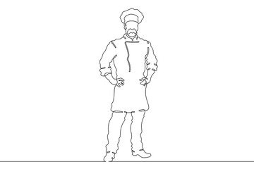 Continuous one line drawing  Male chef in a hat. Chef in the kitchen. The cook is cooking.One continuous line isolated minimal illustration.Not AI.