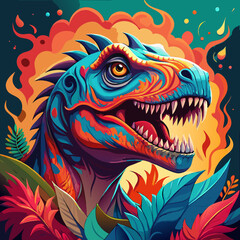 Obraz premium Vibrant Colorful Dinosaur Head with Tropical Leaves and Fire