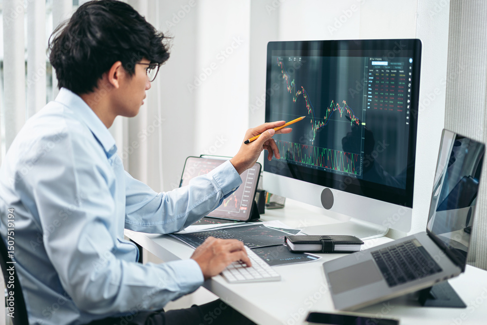Poster businessman investor working with computer, tablet and analyzing graph stock market trading planning