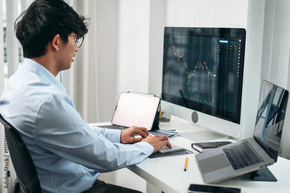 Poster businessman investor working with computer, tablet and analyzing graph stock market trading planning