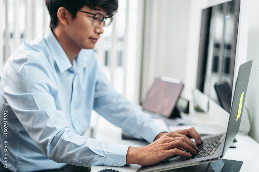 Poster businessman investor working with computer, tablet and analyzing graph stock market trading planning