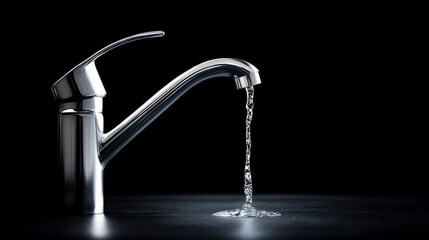 an open tap from which water flows on a black background, lack of water on earth, saving water. 