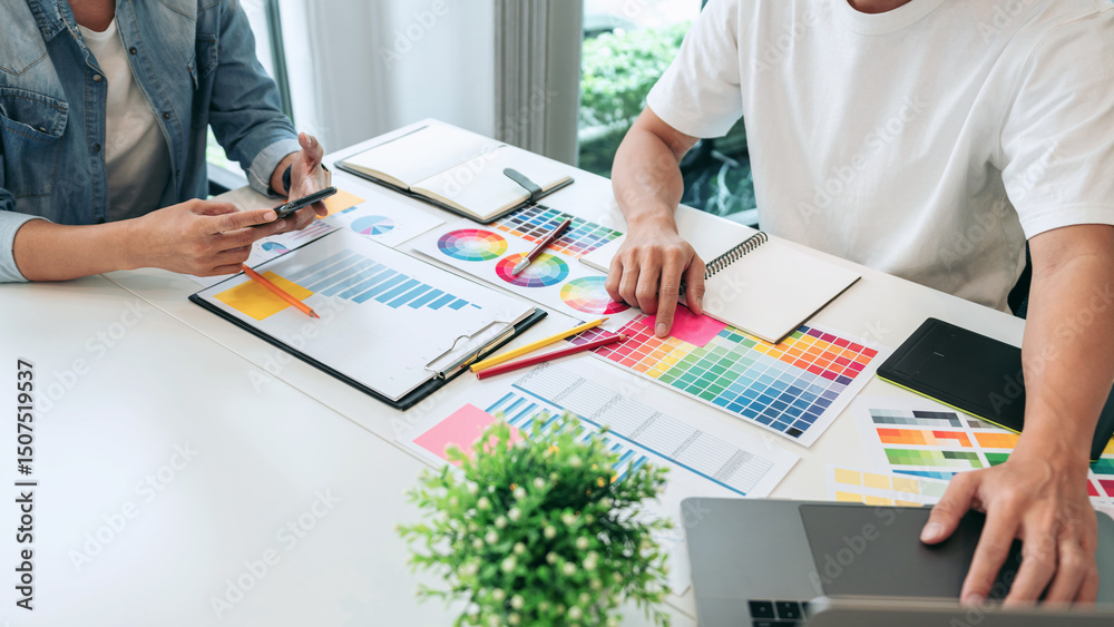 Aufkleber Team of creative graphic designer working on color swatch samples chart for selection coloring in inspiration to create new collection at workplace