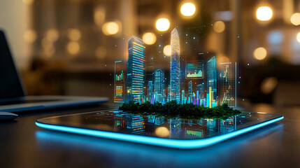Augmented reality city model is displayed on a tablet glowing blue on a desk in a blurred office area.