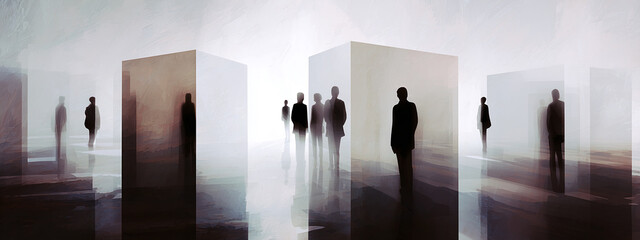 Abstract silhouettes of people stand within modern box-like structures, creating an ethereal atmosphere of mystery and depth.