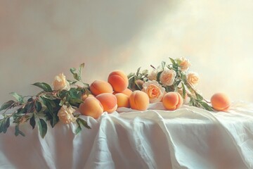 Fresh ripe peaches arranged on a wooden table with natural lighting