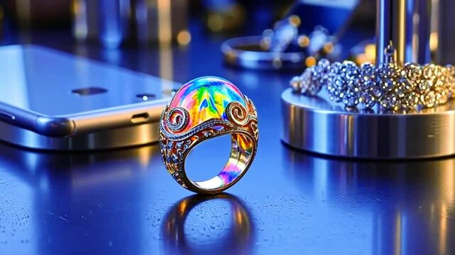 Colorful Rainbow Fire Opal Ring on Dark Surface - Luxurious Jewelry Close-Up