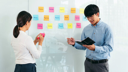 Two business executive team holding and taking notes keyword on board wall to brainstorm about a...