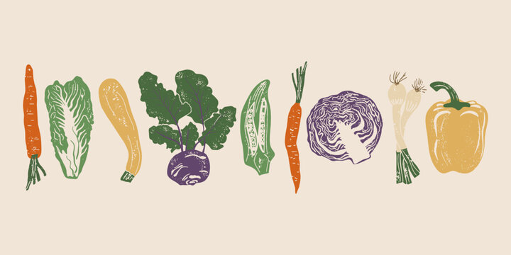 Hand drawn linocut style vegetables set. Grunge illustration of different vegetables. Vector background