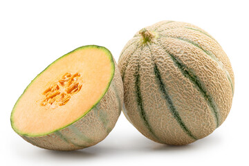Cantaloupe melon and cross cut of melon isolated on white background. File contains clipping path.