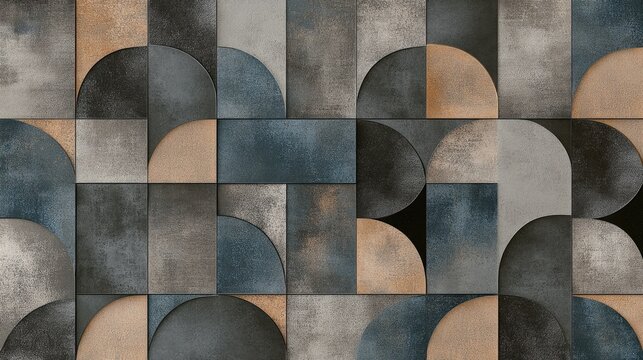 Geometric pattern of squares and curved shapes in muted tones.