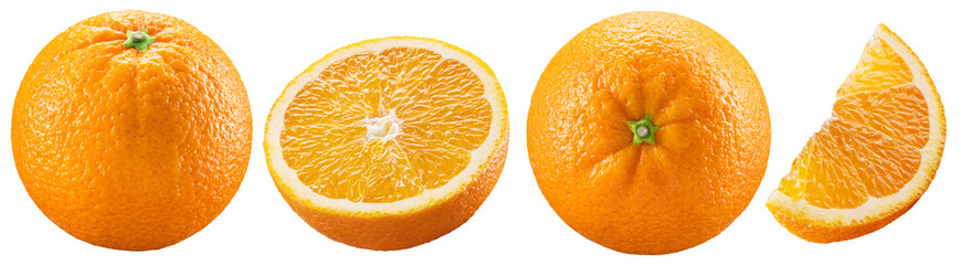 Set of orange fruits and orange slices on white background. File contains clipping path.
