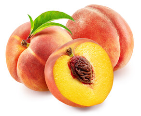 Ripe red peaches with juicy peach half and green leaf isolated on white background. File contains clipping path.