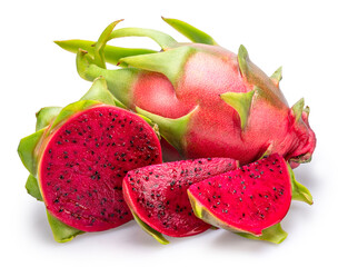 Dragon fruits and dragon fruit slices isolated on white background. File contains clipping paths.
