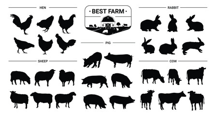 Farm animal silhouette set. Farming animals, sheep, rabbits, pigs, cows and hen. Isolated silhouette icon vector collection