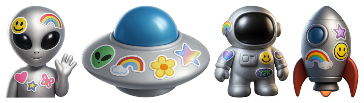 PNG Colorful alien-themed toy set, element set on transparent background