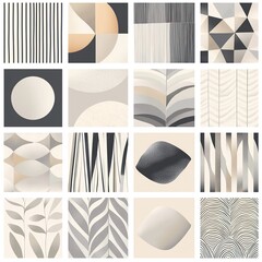 Modern neutral abstract patterns set in geometric and organic forms. Minimalist design ideal for home decor, wall art, packaging, and branding in soft beige, gray, and black tones.