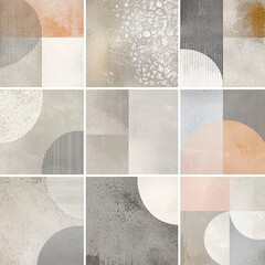 Modern neutral abstract patterns set in geometric and organic forms. Minimalist design ideal for home decor, wall art, packaging, and branding in soft beige, gray, and black tones.