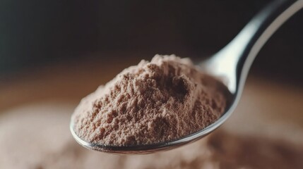 Close-up of Protein Powder Granules in Metal Spoon