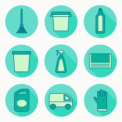  Minimalist vector icon set for cleaning tools in pastel blue and mint rounded-shaped background, with soft shadows and rounded shapes