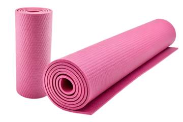 Pink yoga mat rolled for fitness and exercise on transparent background