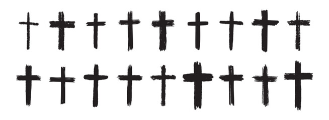 hand drawn grunge cross black bold icons set. Christian cross signs collection, cross symbols created with real ink brush isolated on white background.