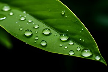 A close-up of a delicate water droplet on a vibrant green leaf after a refreshing rain