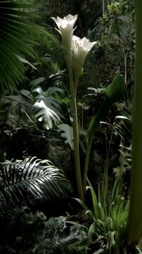 Close up of two white shell ginger flowers and green leaves, growing in a lush, tropical garden setting, in soft diffused sunlight.