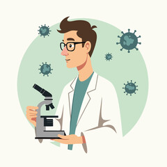 Male Microbiologist Analyzing Virus Samples with Microscope