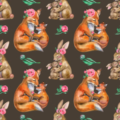 Seamless pattern with forest animals. Cute Mother's Day greeting card, fabric, wrapping paper, packing