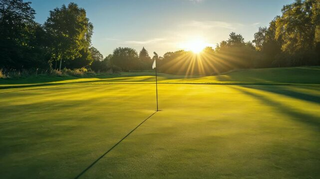 Picturesque golf course landscape illuminated by the radiant glow of the morning sun