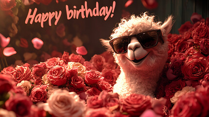 An alpaca wearing sunglasses sits in a huge bunch of roses, wishes you a happy birthday