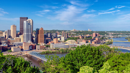 Pittsburgh downtown skyline at sunset in Pittsburgh, Pennsylvania.
