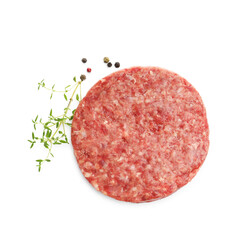 Fresh raw patty for burger and spices isolated on white, top view