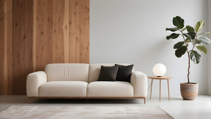Contemporary Home Decor 3D design concept Featuring a Cozy Beige Couch, Dual-Tone Wall, Round Lamp Table, and Potted Fiddle Leaf Fig Plant, interior design, lifestyle, or home decor concepts
