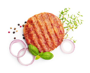 Delicious hamburger patty and spices isolated on white, top view