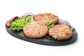 Delicious hamburger patties and spices isolated on white