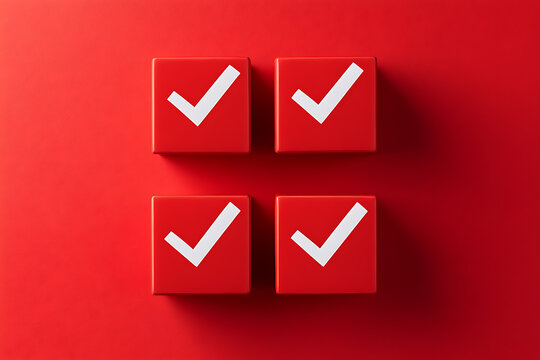 Completion Confirmed: Four red blocks each display a prominent white checkmark against a matching red backdrop, indicating successful task completion.
