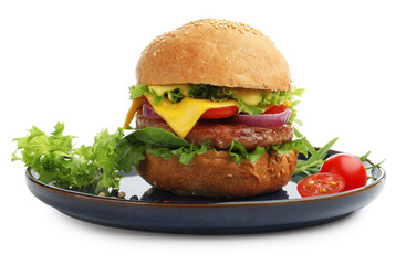 Delicious hamburger with patty and cheese isolated on white