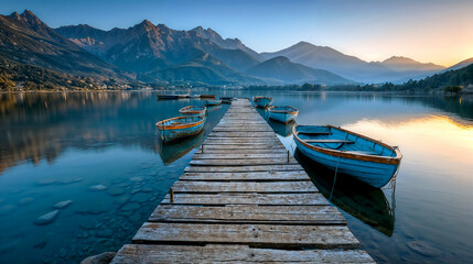 Quiet Lake Pier with Rowboats at Dusk