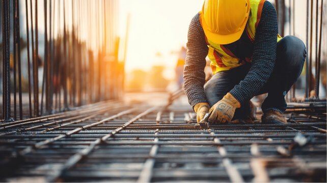 Construction worker binding steel rebars with wire at a building site during daytime