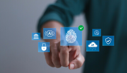Biometric cyber security system and access control concept. Cybersecurity, privacy to protect data. Businessman access security personal financial data on scan fingerprint identification.