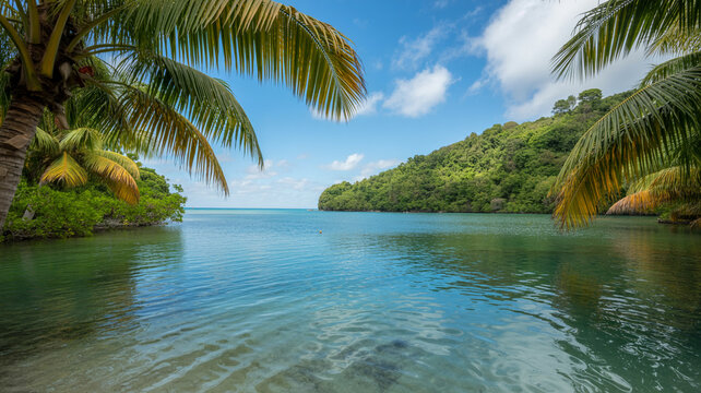 Tropical lagoon scene featuring palm trees and crystal clear waters under a blue sky