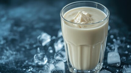 Vanilla Protein Shake in a Glass with Ice Cubes