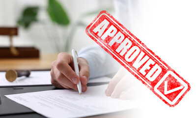 Man signing document at table in office and red stamp Approved, banner design