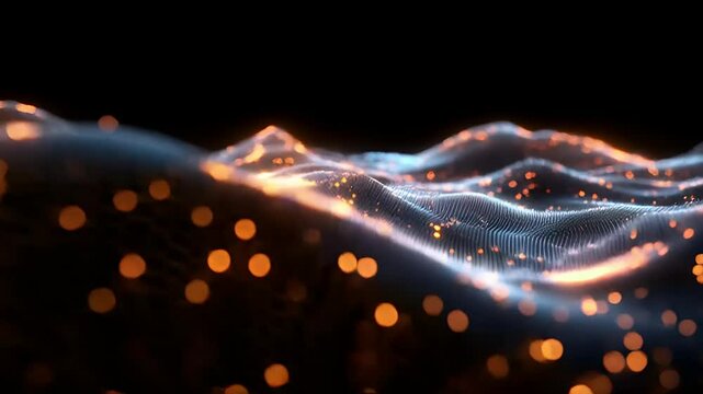 Abstract futuristic background with glowing wave, digital landscape with particle light
