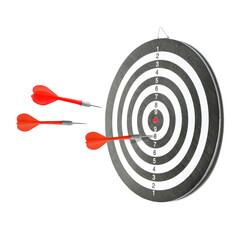One dart sticking in dartboard and other ones flying on white background