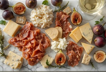 Flat lay close-up of jam&oacute;n, various artisanal cheeses, and fresh figs on a marble board, glass of white wine nearby, bright daylight.

